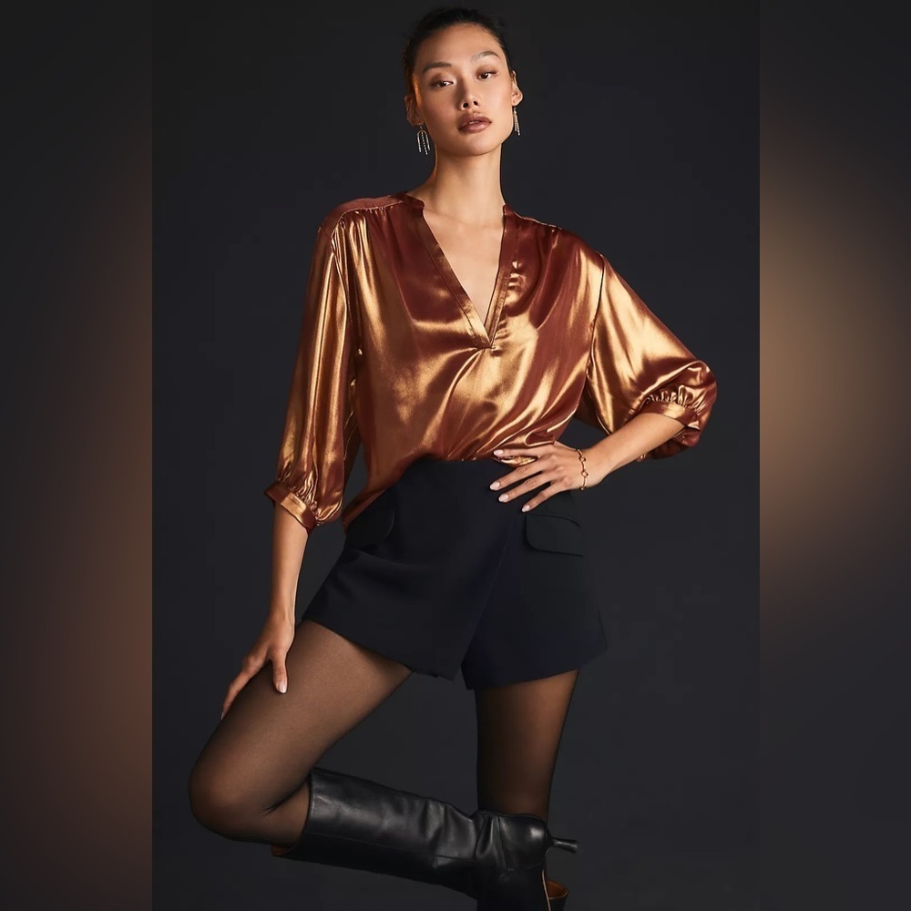 Adrienne Copper Shimmer Blouse S Metallic Satin V-Neck Stretch Top